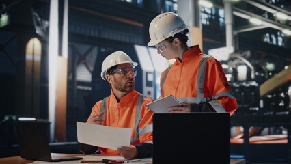 Couple technicians discussing industrial project at production facility. 