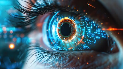 Closeup of a human eye with virtual hologram elements 