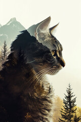 Mystical Feline in Dual Forest Peaks, Shadowy Landscape - AI Artwork created with Generative AI technology