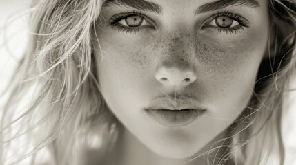 Fototapeta premium Stunning blonde beauty captivates with her intense gaze in a striking black-and-white , created by AI technology.