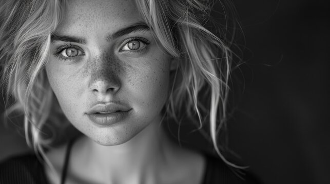 Stunning blonde beauty captivates with her intense gaze in a striking black-and-white photo, created by AI technology.