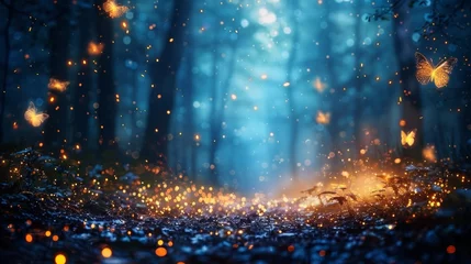 Rolgordijnen Mystical night in the woods, fireflies glowing like stars, casting a spell of beauty and awe. © tonstock