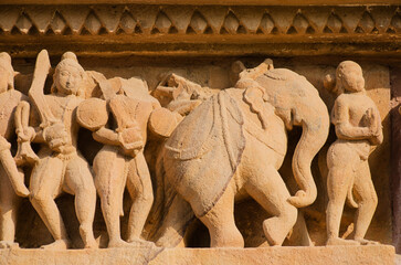Sculptures on the outer wall of Laxman temple, Khajuraho, Madhya Pradesh, India, Asia.