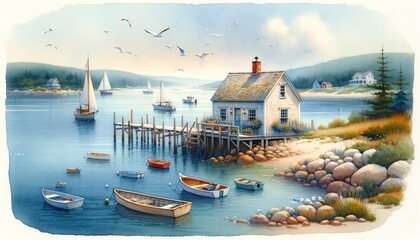 Watercolor of a boat house on the East Coast
