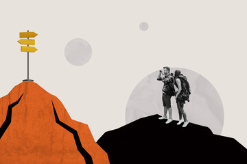 Composite photo collage of young couple travelers mountains trip vacation binoculars tourist...