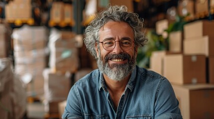 Obraz premium Smiling mature man packing boxes in warehouse for shipment.
