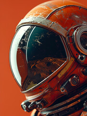 Astronaut's Mars Helmet Detailed Close-Up Portrait with Space Suit Reflection, Generated by AI Technology.