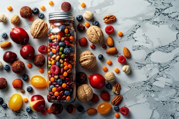 Health and wellness concept: Nutritional and vitamin supplements in a capsule, packed with the goodness of fruits, veggies, nuts, and beans for optimum nutrition.