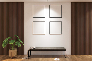 Modern simple  foyer room with bench & frame mock up on the wall. Design 3d rendering of white and wood panel. Design print for illustration, presentation, mock up, interior, zoom, background. Set 7