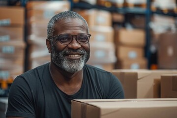 Obraz premium Smiling mature man packing boxes in warehouse for shipment.