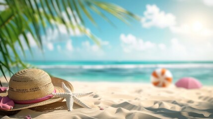 Fototapeta na wymiar Tropical beach background with sunbathing accessories on a sunny summer day.