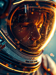 Fototapeta na wymiar Close-up Portrait of an Astronaut's Helmet on Mars, Spaceman Exploration in Outer Space, Futuristic Space Suit Detail, created with Generative AI technology