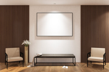 Modern simple  foyer room with bench & frame mock up on the wall. Design 3d rendering of white and wood panel. Design print for illustration, presentation, mock up, interior, zoom, background. Set 9