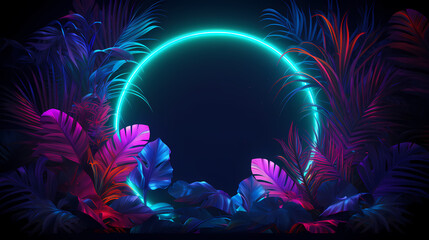 Neon frame with tropical palm leaves