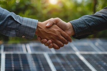 Business executives seal deal with handshake, partnering with solar panel engineer for clean energy.
