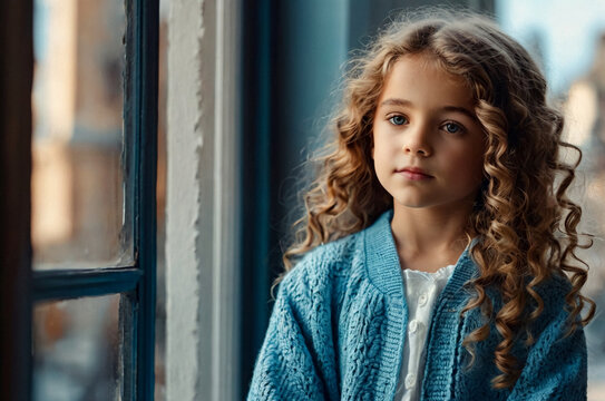 Face of thoughtful fashionable cover kid girl in art azure dress posing at large window, looking at camera. Adorable stylish child lady in living room. Children emotion concept. Copy ad text space