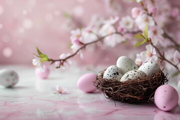Fototapeta premium Easter composition in pink pastel colors. Bird's nest with Easter eggs under cherry blossom branches on pink marble table. Copyspace. Generated by artificial intelligence.
