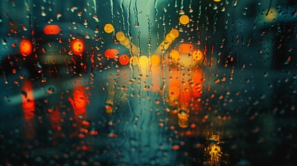 Raindrops glisten on the pavement, reflecting the colorful glow of the street lights as they blur into a beautiful bokeh effect.