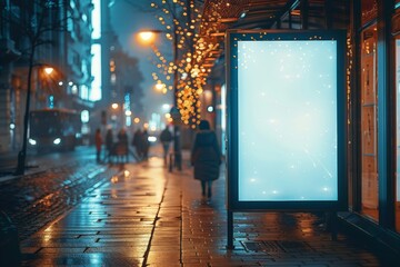 Advertise your brand effectively with our vertical digital billboard at a bus stop, perfect for reaching city commuters at night.