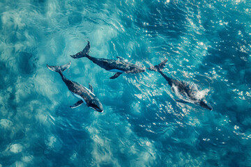 Obraz premium Pod of Dolphins Swimming Gracefully in Sunlit Ocean Waters