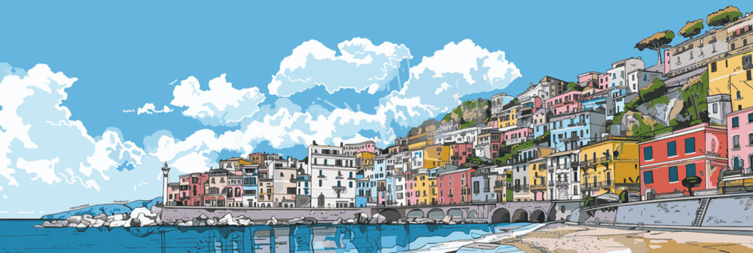 Colorful Coastal Italian Town Illustration: Perfect for Travel, Tourism, and Cultural Destinations Marketing