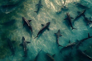 Pod of Dolphins Swimming Gracefully in Sunlit Ocean Waters