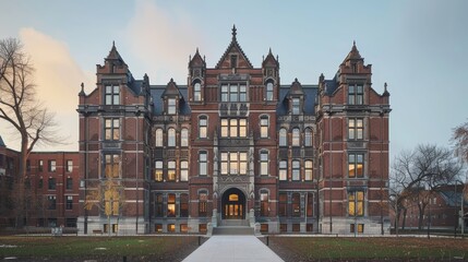 Fototapeta na wymiar Twilight casts a soft light on the ornate Victorian Gothic architecture of an impressive university building, conveying a sense of academic tradition and history.
