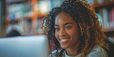 A radiant young woman with curly hair beams while using her laptop in a library, a backdrop of bookshelves enhancing her learning experience. - obrazy, fototapety, plakaty