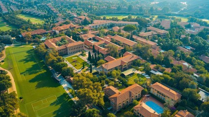 Fototapeta na wymiar A beautiful aerial shot of a sprawling university campus with academic buildings and sports fields bathed in sunlight.