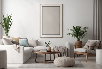 Cozy room with chair, chest and potted plants against silver wall. Picture on wall with mock up. Concept of Modern Scandinavian style. Generative Ai