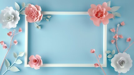 White frame with paper flowers on blue background,generative ai