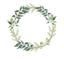 Watercolor wreath with green leaves and wildflowers