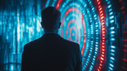 Fototapeta premium Strategic Businessman Aiming at Virtual Dartboard Target 