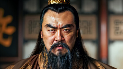Confucius. Portrait of famous Chinese philosopher. Scholar has stern expression, long black beard and mustache.
