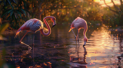 Elegant flamingos wading through a shallow pond, their feathers reflecting the hues of the sunset.