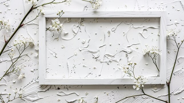 White wooden frame on a white textured background with small flowers - a template for a greeting card or invitation,generative 