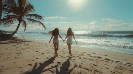 Two women strolling along the shore, hands clasped in friendship. Embarking on adventures together, these single ladies exude strength and camaraderie. They embrace the power of women and sisterhood, 