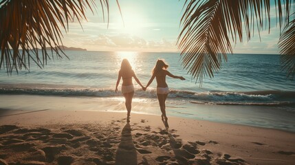 two women walking on the beach, holding hands Traveling with a friend, two single women, women power, sister power, sisters holding hands, friendship between women, friends at the beach, go away
