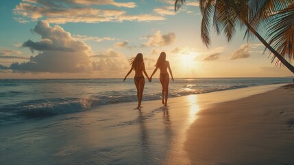 Two women strolling along the shore, hands clasped in friendship. Embarking on adventures together, these single ladies exude strength and camaraderie. They embrace the power of women and sisterhood, 