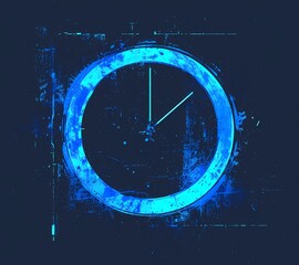 An artistic depiction of a timepiece featuring a grunge texture and vibrant blue neon glow, signifying the passage of time