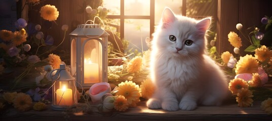 white cat in a box with golden flowers  - obrazy, fototapety, plakaty