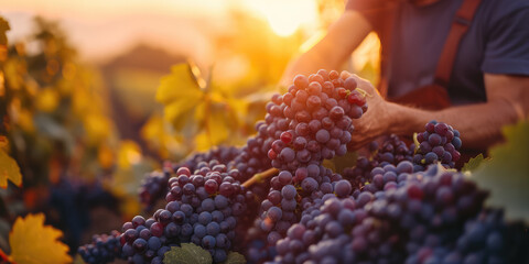 A vintner's hands carefully select ripe, purple grapes from lush vines during a golden sunset in the vineyard. - obrazy, fototapety, plakaty