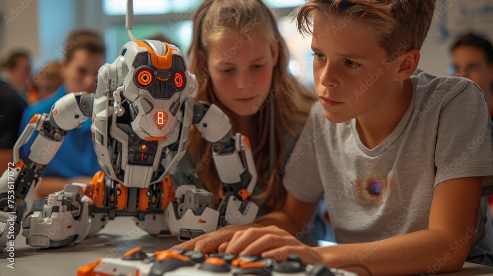 Poster two focused children are engaging with an advanced interactive robot during a hands-on educational a