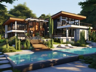 Fototapeta premium A modern house nestled within a vibrant urban jungle