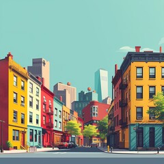 Obraz premium Bright and colorful render of townhouses with a modern city skyline in the background, depicting urban charm