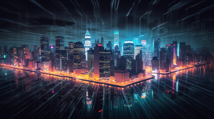 High angle view of city at night with skyscrapers and large buildings