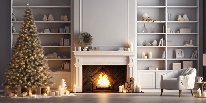 Studio photo of Christmas interior with fireplace, bookshelf, and tree.