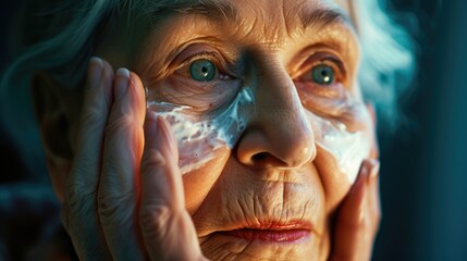 Senior woman is applying cream to her face