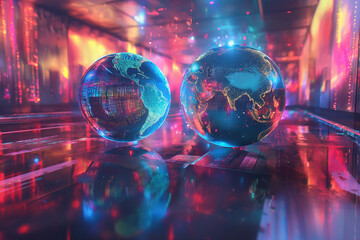 Mundo del futuro, nuevas tecnologías, bola del mundo holograma, globo terráqueo moderno, concepto de avances tecnológicos, 2050, holografía, proyección, colores y neones