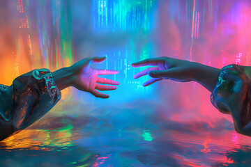 Mundo del futuro, nuevas tecnologías, dos manos tocándose, dedos rozándose,  realidad aumentada, proyección, holograma, moderno, concepto de avances tecnológicos, 2050, holografía, colores y neones - obrazy, fototapety, plakaty